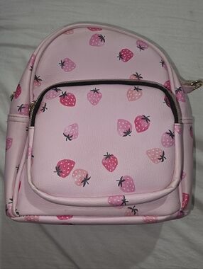 Pink Strawberry Print Mini Backpack Purse Bag!